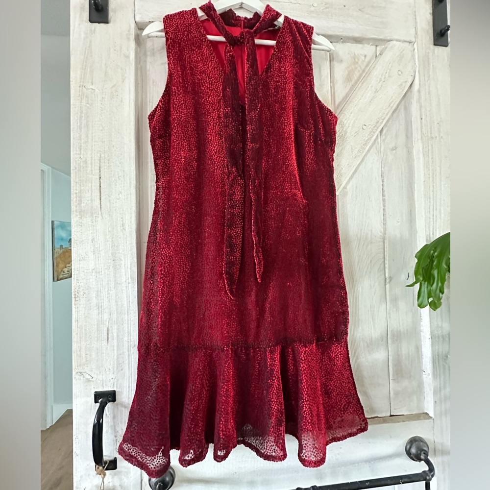 Karl Lagerfeld Wine Red Sleeveless Tie-Neck Mini Dress